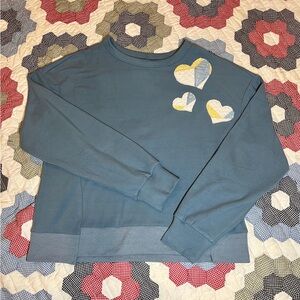 Blue Sweatshirt with vintage quilt scrap heart Accents
